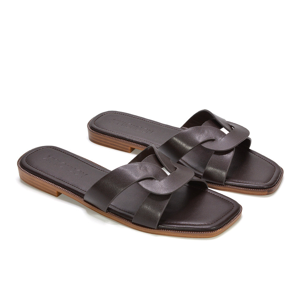 Leather slide sandals for women, Woven strap sandals, Comfortable flat sandals women, Lightweight summer slides, Office appropriate flat sandals, Dressy flat sandals for women, summer shoes, brown strappy sandals, brown holiday sandals