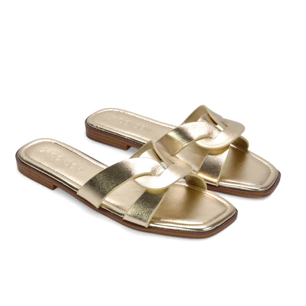 Open toe slip-on sandals, Flat summer sandals women, Vacation ready sandals, Resort wear flat sandals, Brunch outfit sandals, Travel friendly slip-on sandals, gold summer shoes, women's gold slides, gold leather sandals