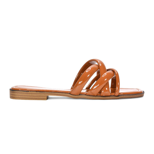 Florence Square Toe Flat Summer Sandals Slip On Slides In Brown Patent