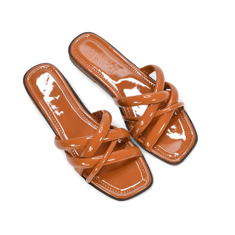 Florence Square Toe Flat Summer Sandals Slip On Slides In Black Synthetic Leather