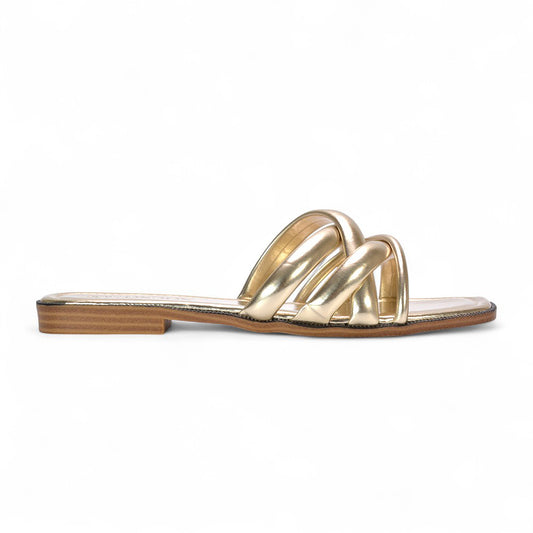 Florence Square Toe Flat Summer Sandals Slip On Slides In Gold Metallic