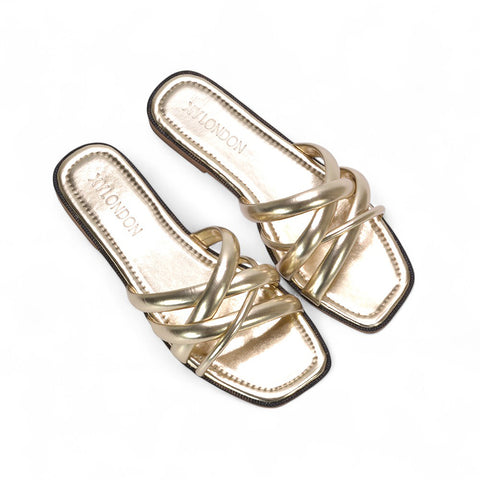 Florence Square Toe Flat Summer Sandals Slip On Slides In Black Synthetic Leather