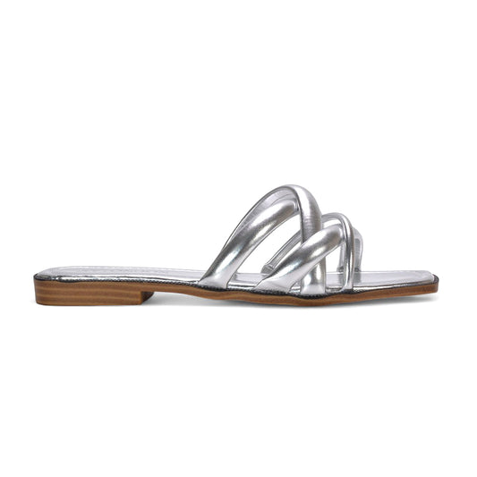 Florence Square Toe Flat Summer Sandals Slip On Slides In Silver Metallic