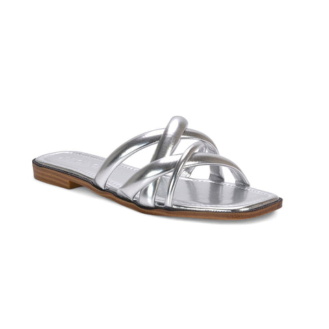 Florence Square Toe Flat Summer Sandals Slip On Slides In Black Synthetic Leather