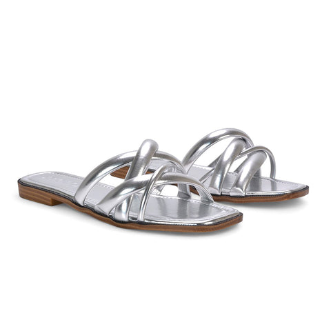 Florence Square Toe Flat Summer Sandals Slip On Slides In Black Synthetic Leather