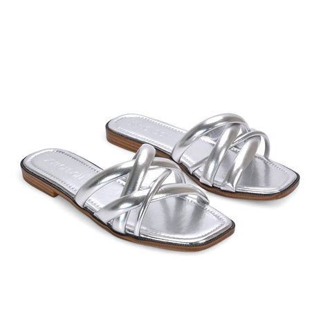 Florence Square Toe Flat Summer Sandals Slip On Slides In Black Synthetic Leather