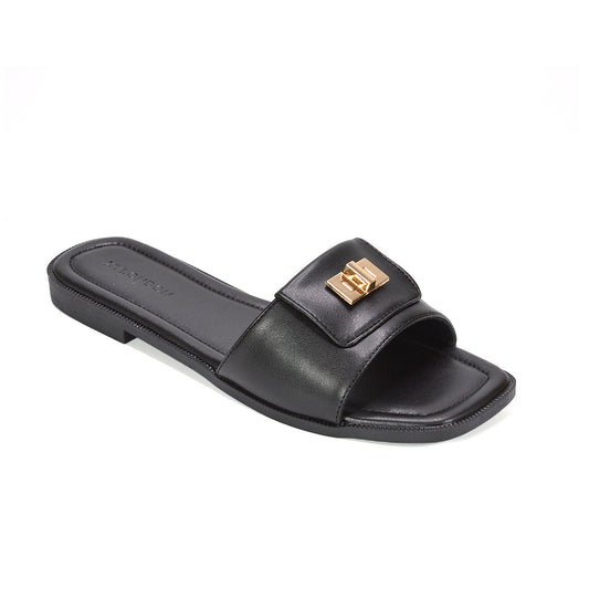 Black strappy slip on slide sandals, Black flat sandals