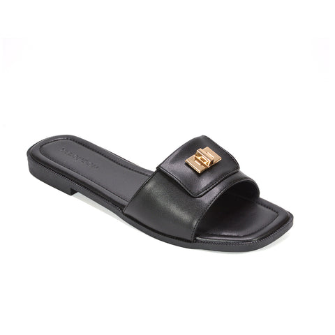 Black strappy slip on slide sandals, Black flat sandals