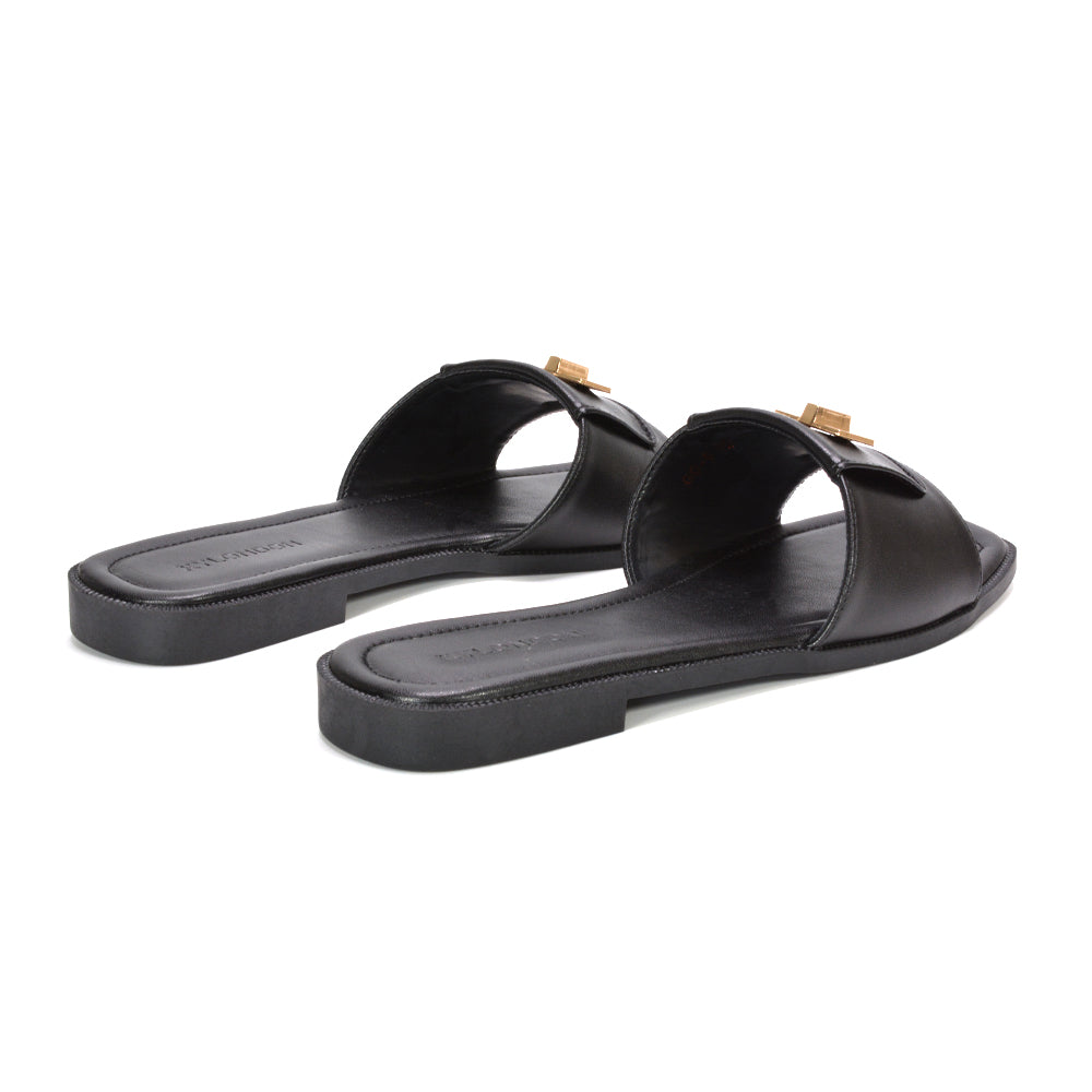 Black square toe summer slides, Black strappy slide sandals