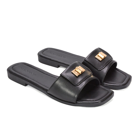Women's black slides, Casual black open toe sandals