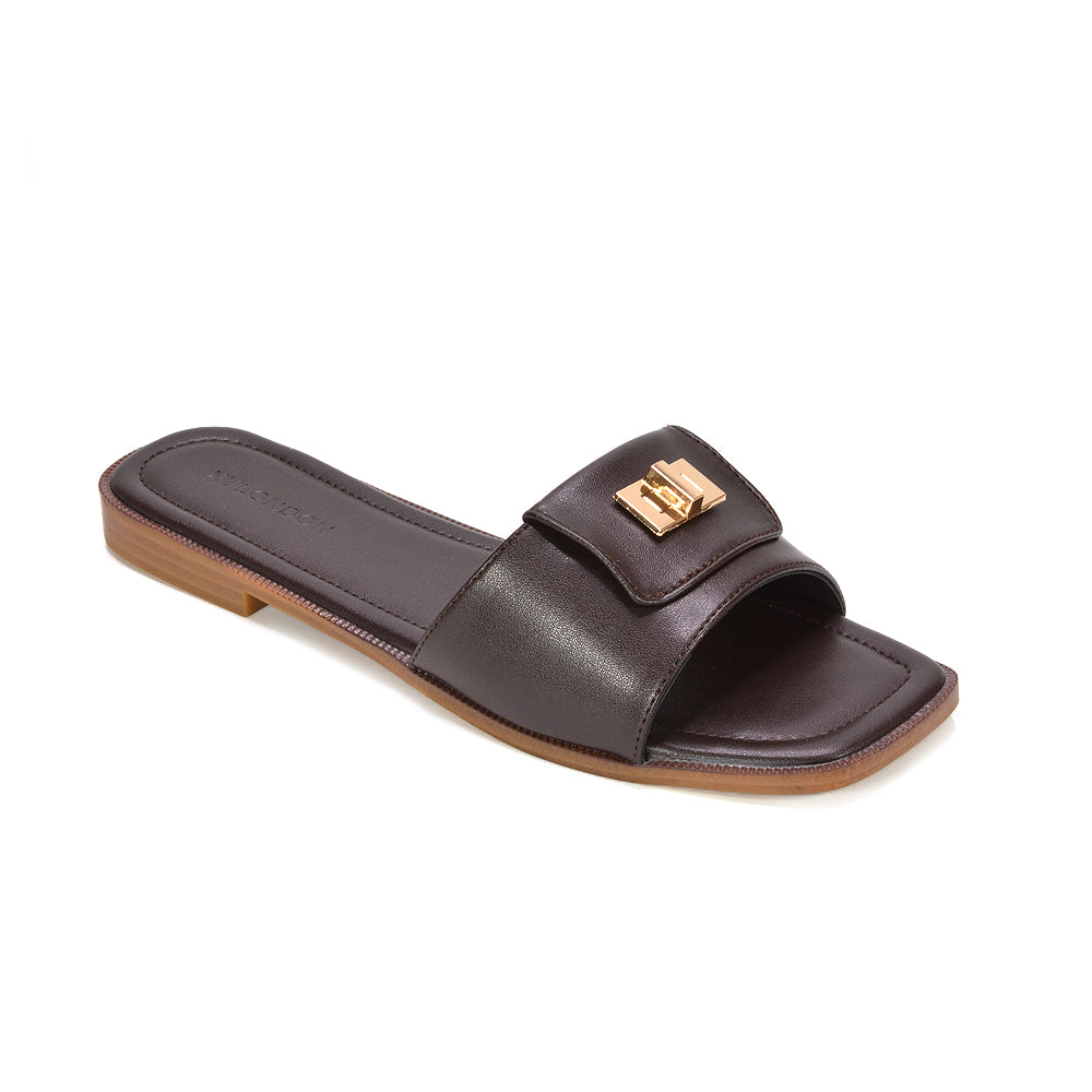 Brown strappy slip on slide sandals, Brown flat sandals