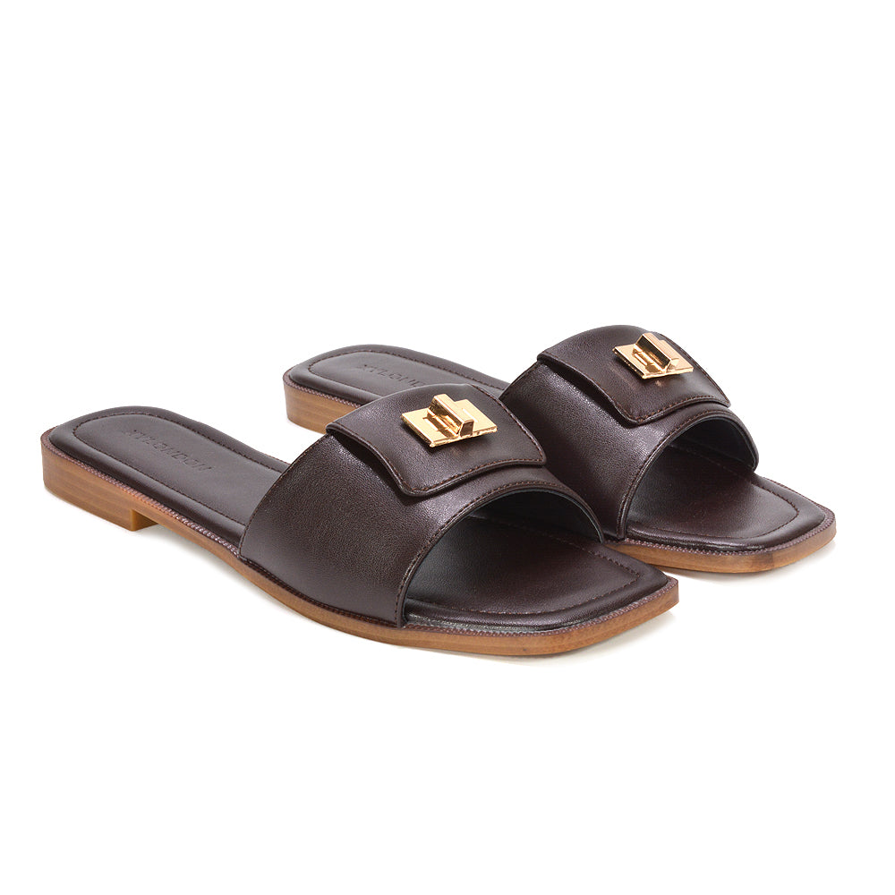 Brown square toe sandals, Comfortable brown flat sandals for women