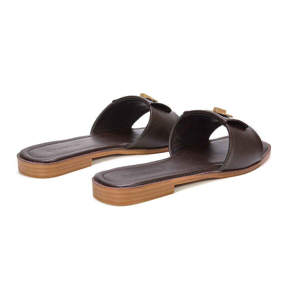 Brown square toe summer slides, Brown strappy slide sandals