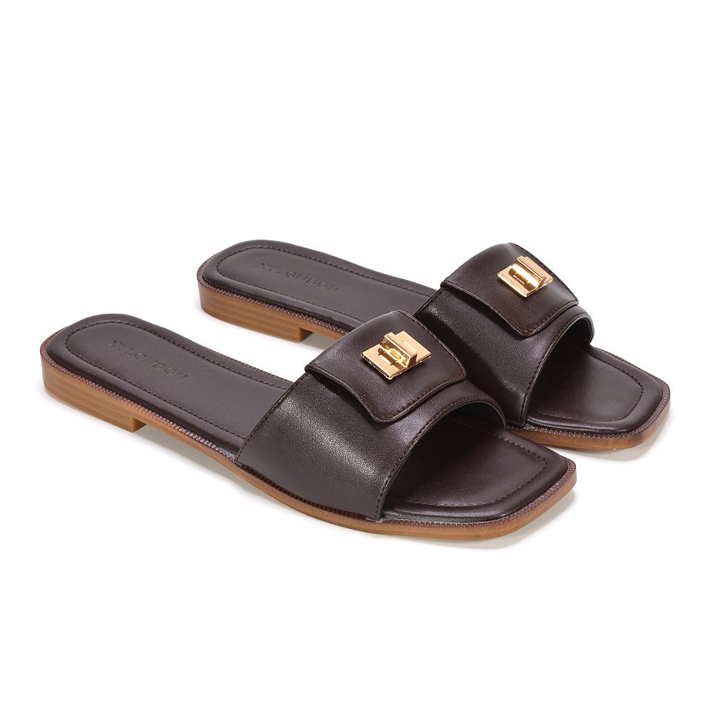 Women's brown slides, Casual brown open toe sandals