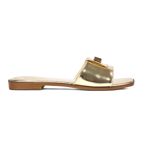 Gold slip on sandals, Women's gold square toe flat sandals