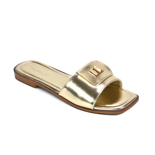 Gold metallic strappy slide sandals, Gold flat sandals