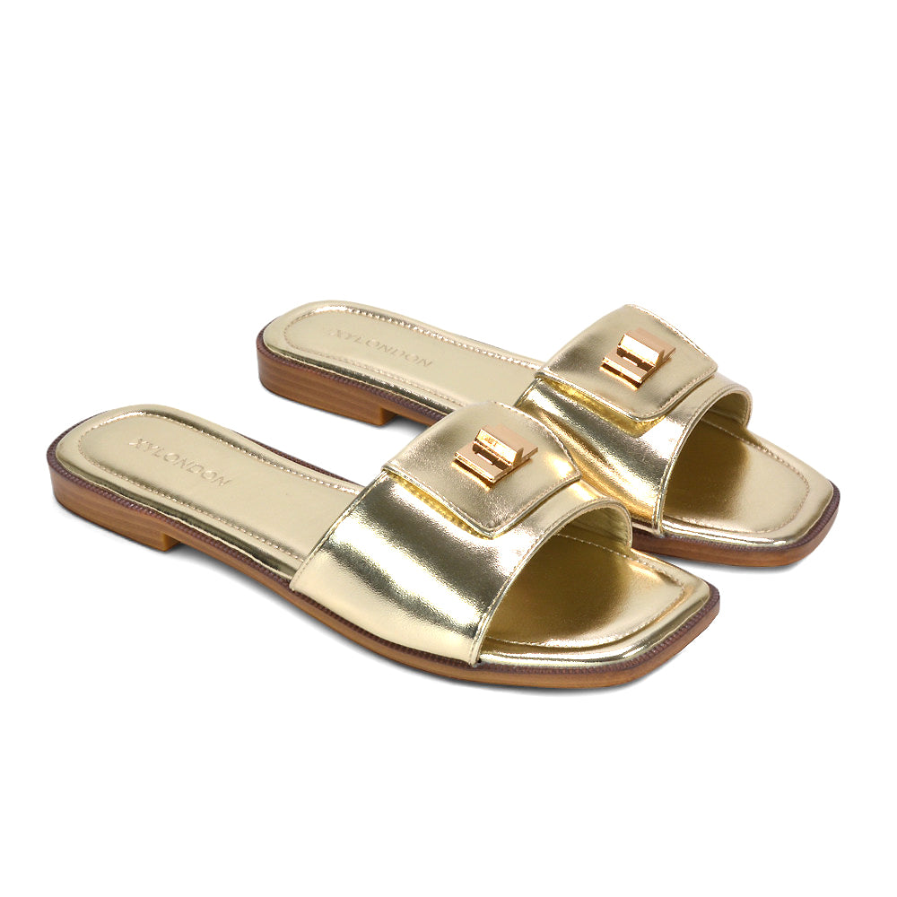 Women's gold slides, Elegant gold flat sandals for women