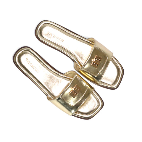 Trendy gold strappy flat slides, Gold vacation sandals for women, Gold flat slide sandals