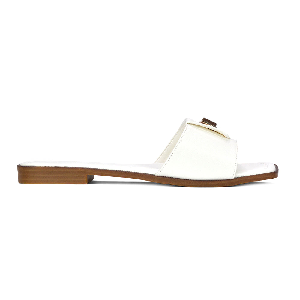 White slip on sandals, Women's white square toe flat sandals