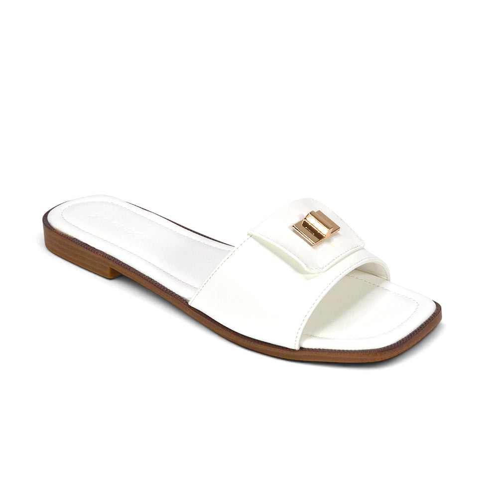 Modern white flat sandals for women, Women's white slip-on footwear