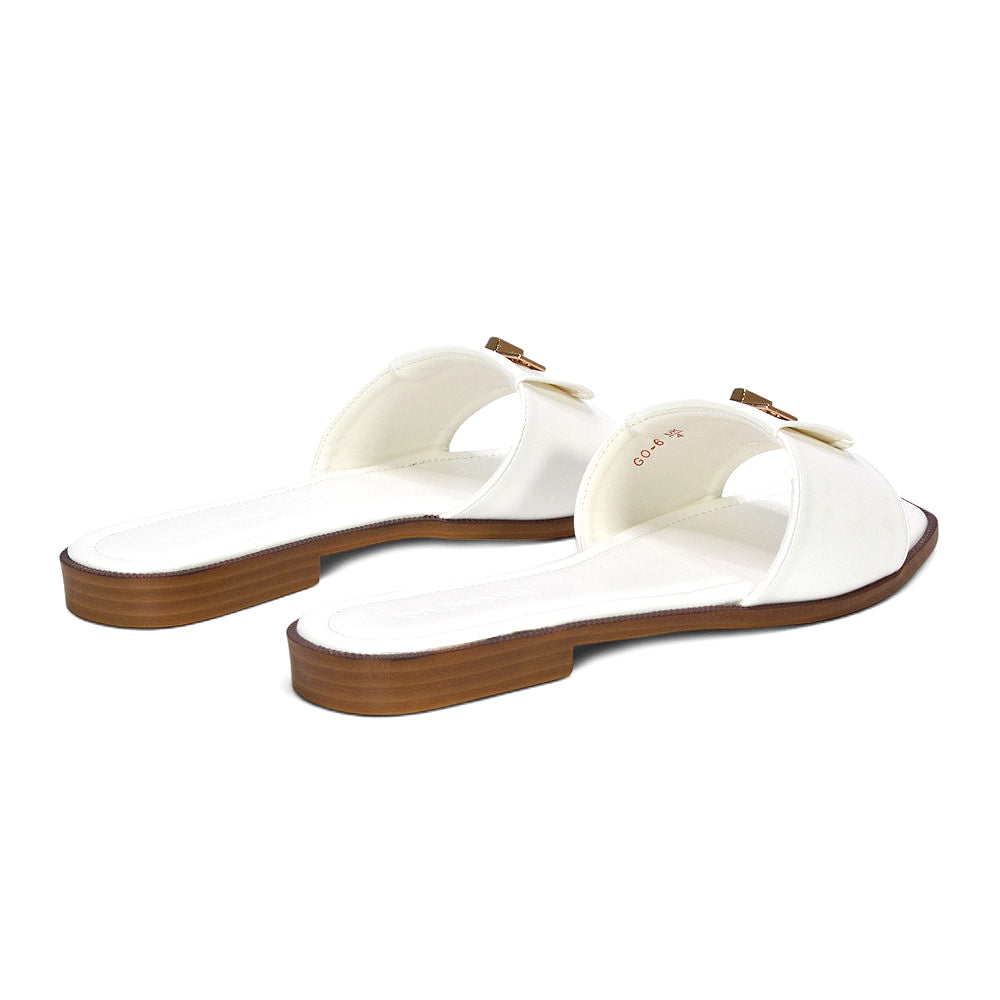 White flat sandals, White strappy slip on slide sandals