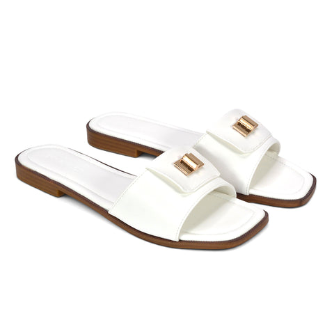 Comfortable white flat sandals for women, White square toe sandals