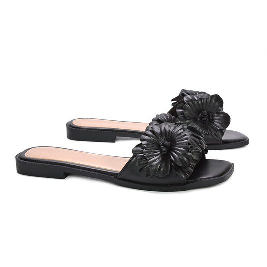 black holiday summer footwear, black floral summer slide sandals for women, black slip on sandals