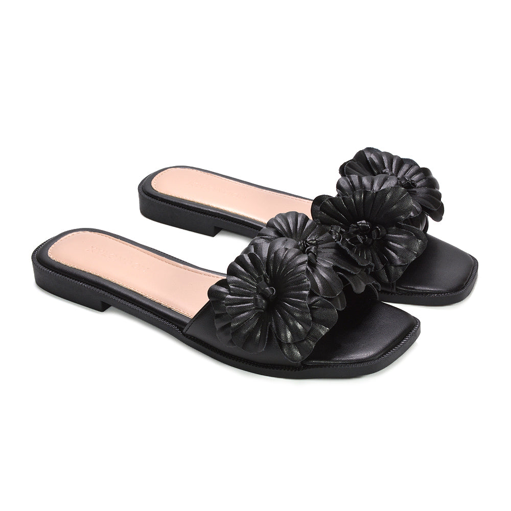 black floral sandals, open toe black slip on floral sandals for beach, black evening casual summer sandals
