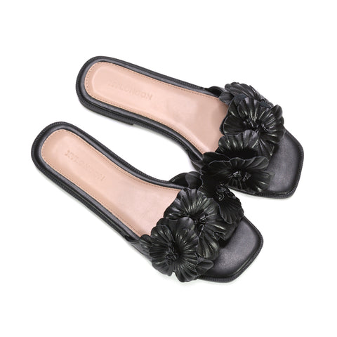 black resort wear sandals, black flat floral sandals for everyday wear, black flower sandals