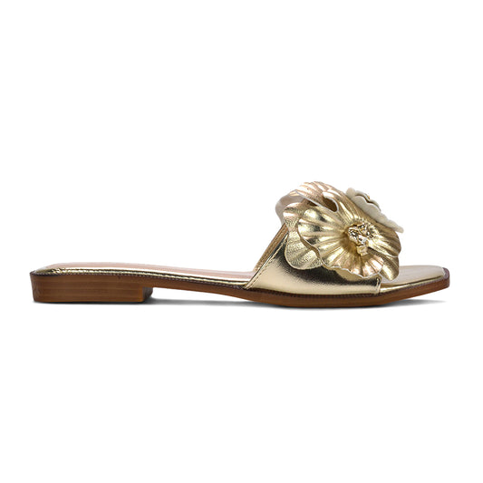 gold flat sandals, women’s gold flat slip on flower detail sandals, gold beach vacation sandals