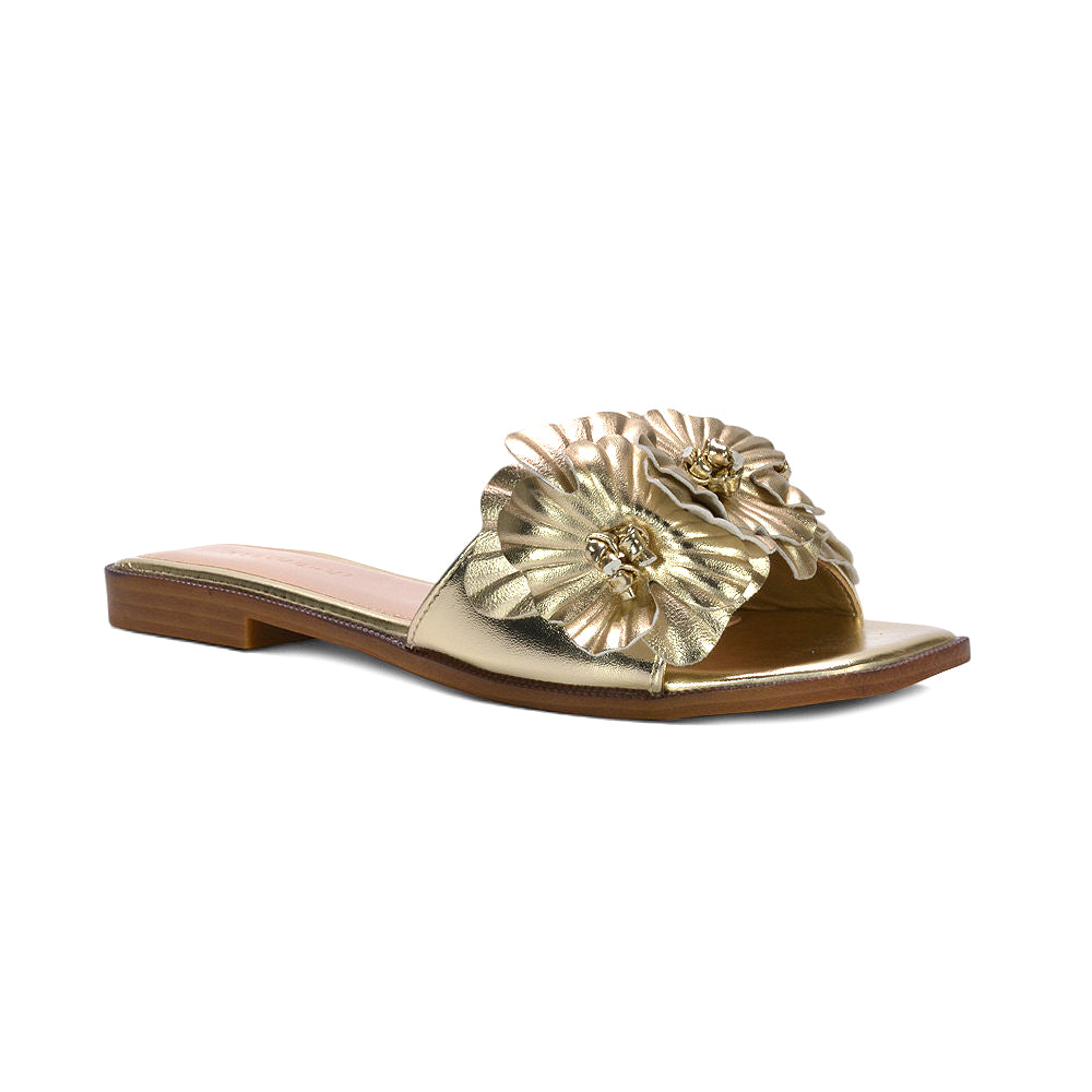 gold holiday summer footwear, gold floral summer slide sandals for women, gold slip on sandals