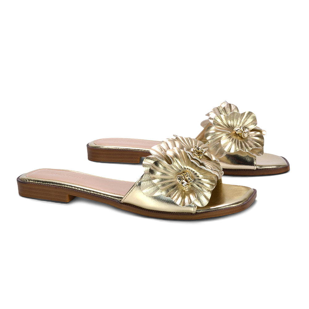 gold summer slides, comfortable gold slip on sandals with flower design, gold casual everyday sandals, 