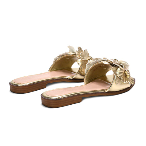 gold poolside slip on slides, metallic gold summer slides with flower embellishment, gold floral sandals, holiday sandals