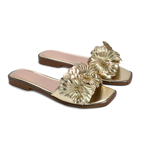 women’s gold sandals, gold floral slide sandals for women, gold weekend casual sandals, 