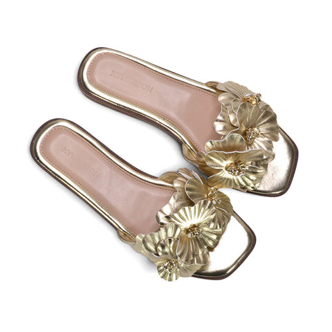 gold evening summer sandals, gold breathable flat sandals for hot weather, gold lightweight sandals, gold square to slip on sandals