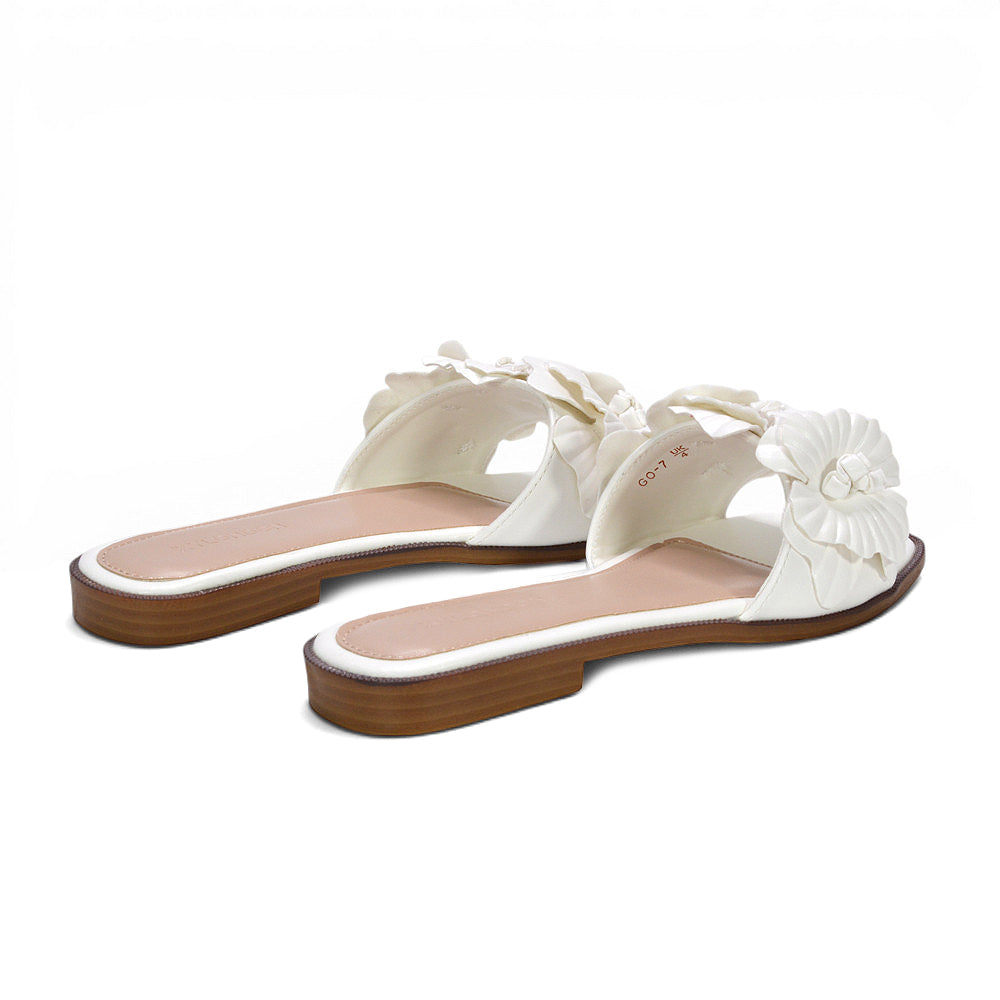 white floral slides, white summer slides for everyday comfort, white day-to-night summer sandals