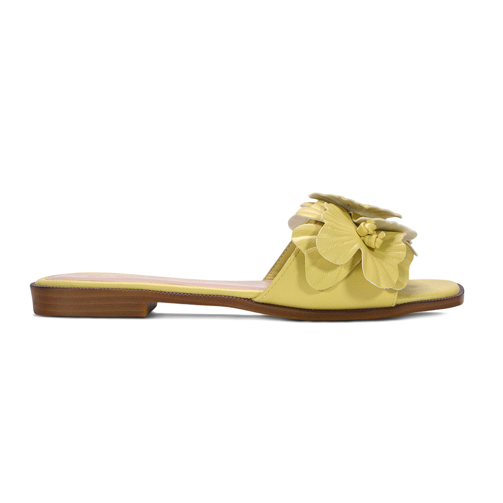 yellow slide sandals, women’s yellow floral slip on sandals for summer styling, yellow sandals for summer festivals
