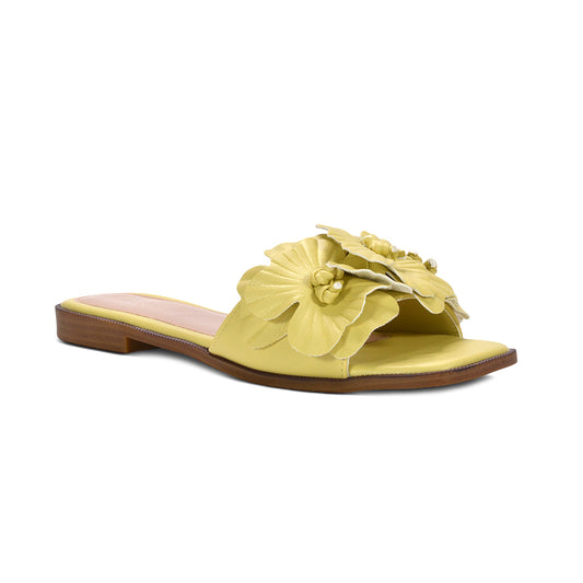 yellow beach holiday footwear, bright yellow flat slides with flower detail, yellow summer flats