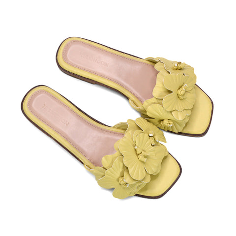 yellow resort wear slides, soft yellow open toe sandals for warm weather, yellow floral slides, yellow comfy sandals, pastel yellow summer shoes