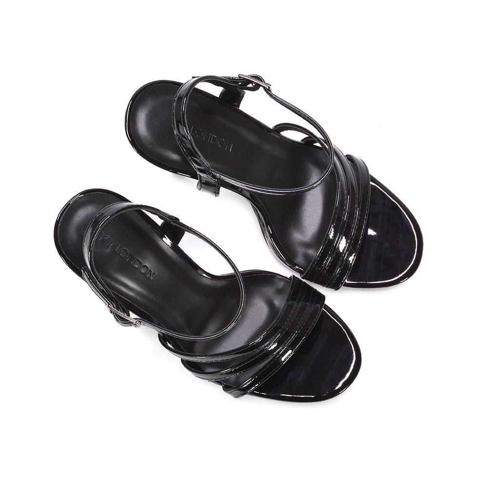 women’s black formal high heel sandals, black party platform heels with ankle strap, women’s black statement strappy platform sandals, black high heel sandals with chunky platform sole