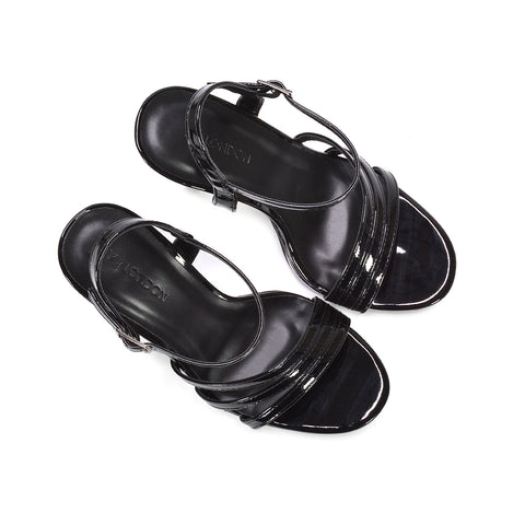 women’s black formal high heel sandals, black party platform heels with ankle strap, women’s black statement strappy platform sandals, black high heel sandals with chunky platform sole