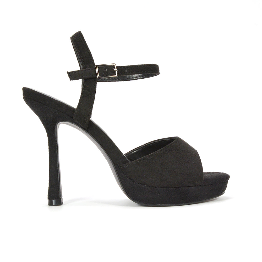black high heel platform sandals for women, women’s black ankle strap platform sandals, women’s black strappy high heel sandals, women’s black platform stiletto sandals
