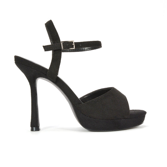 black high heel platform sandals for women, women’s black ankle strap platform sandals, women’s black strappy high heel sandals, women’s black platform stiletto sandals
