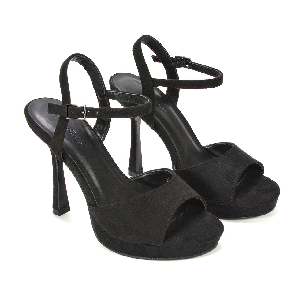 women’s black heels for evening dresses, women’s black platform heels for special occasions, women’s black stiletto sandals with ankle strap, women’s black high heel sandals with buckle