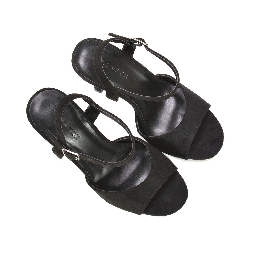 women’s black open toe ankle strap heels, women’s black tall platform high heel sandals, women’s black glamorous platform sandals, women’s black fashionable strappy high heels