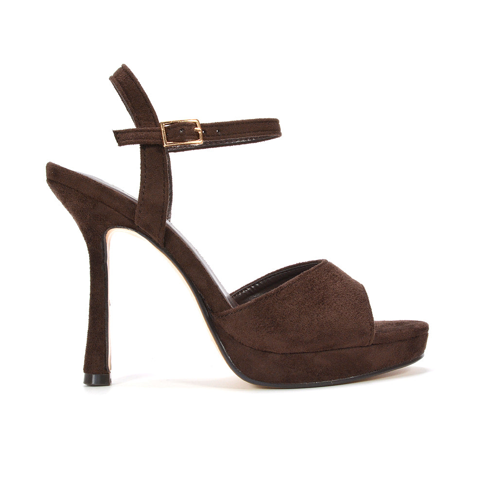 brown high heel platform sandals for women, women’s brown ankle strap platform sandals, women’s brown strappy high heel sandals, women’s brown platform stiletto sandals