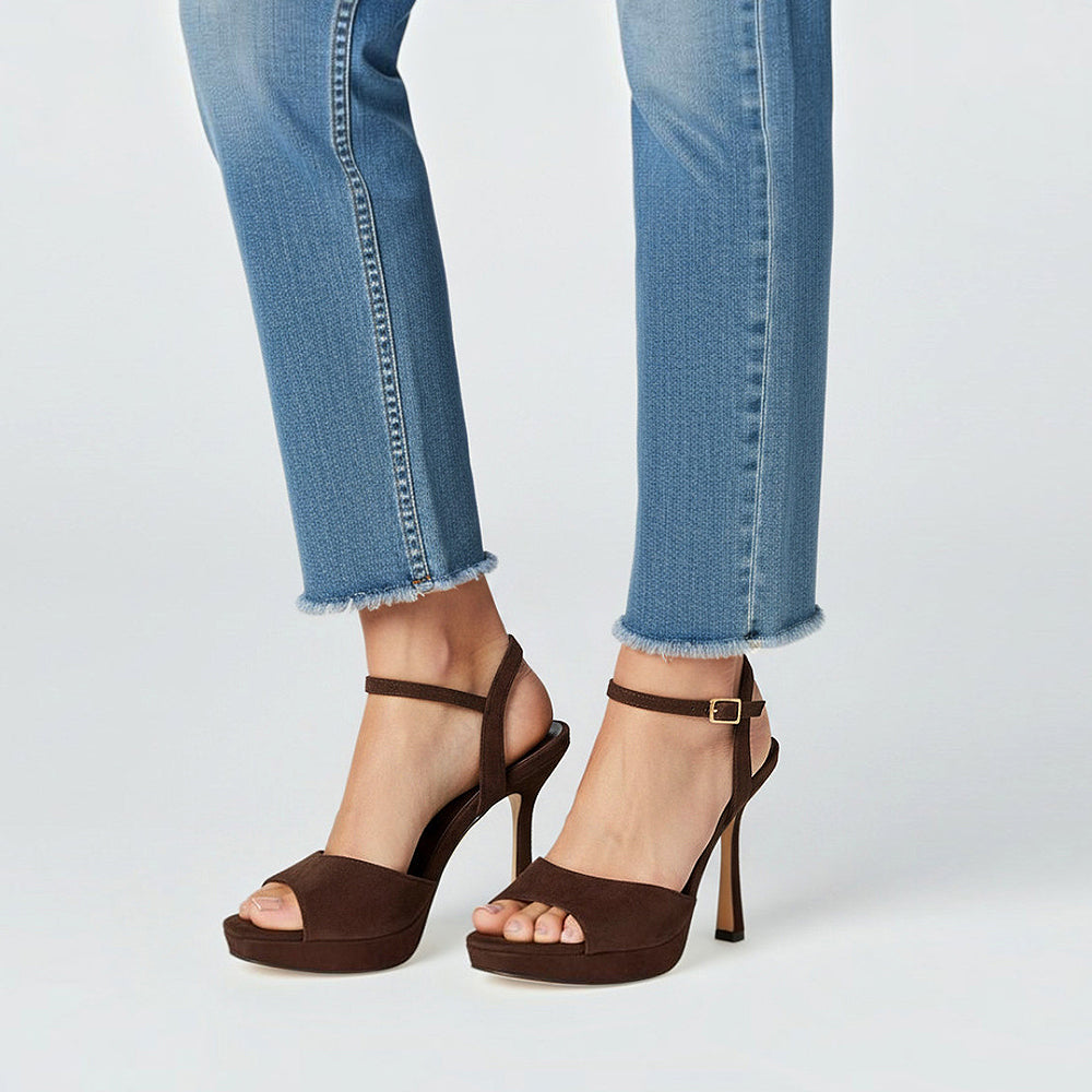 women’s brown fashionable platform high heels, women’s brown platform sandals for cocktail dresses, women’s brown high heels for parties and events, women’s brown dressy ankle strap sandals