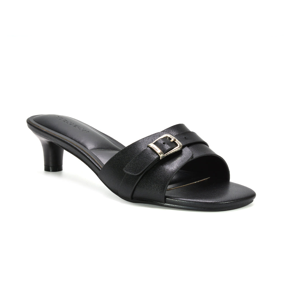 open toe slip on buckle strap mule sandals with low heel, slip on mule sandals, buckle detail sandals, black slip on heels, black kitten heel sandals