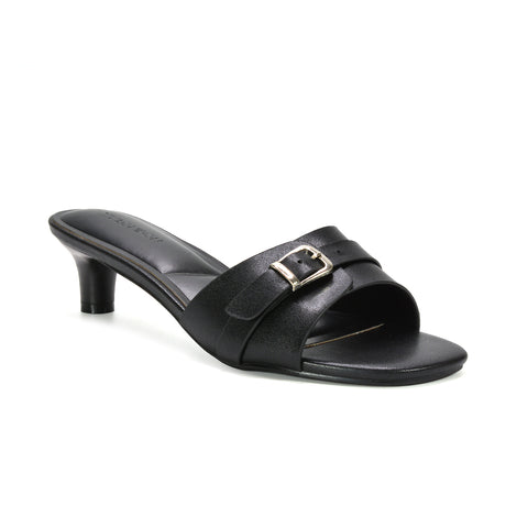 open toe slip on buckle strap mule sandals with low heel, slip on mule sandals, buckle detail sandals, black slip on heels, black kitten heel sandals