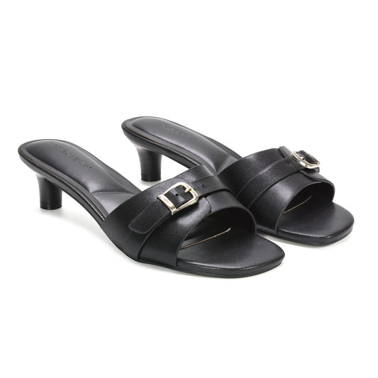 women’s buckle strap slip on low kitten heel mule sandals, buckle strap mule sandals, open toe mule sandals, black mule heels, black kitten heels